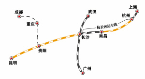 沪昆铁路示意图铁武广高 (注:黑色标段已开通,黄色标段待开通.)