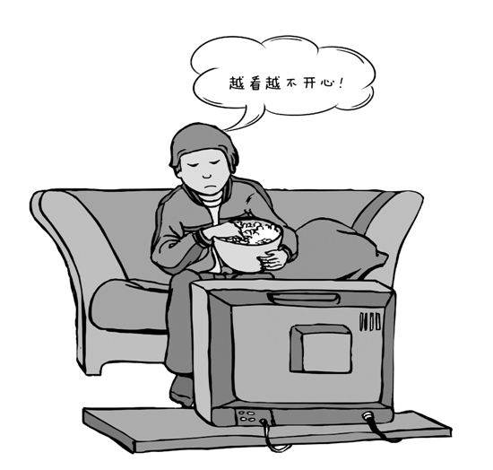 漫画 陈骁 专家:预防和消除抑郁的有效手段是让自己动起来 当你感到心情烦闷、压力巨大的时候,会选择看电视剧让自己变得轻松愉悦起来吗?如果你以前都是这么做的话,那么就赶紧停止吧。因为在国际交流学会的最近一次年会上,美国得克萨斯大学奥斯汀分校的研究人员做了一个研究报告:看电视剧并不能帮助改善情绪,反而会将你带入一个恶性循环之中。 谭忠林是杭州市七医院情感障碍病区主任,他在看到这份研究报告之后,仔细回想了他接触过的类似患者,且进行详细对照分析后,发现还真是这么回事,认为非常有必要
